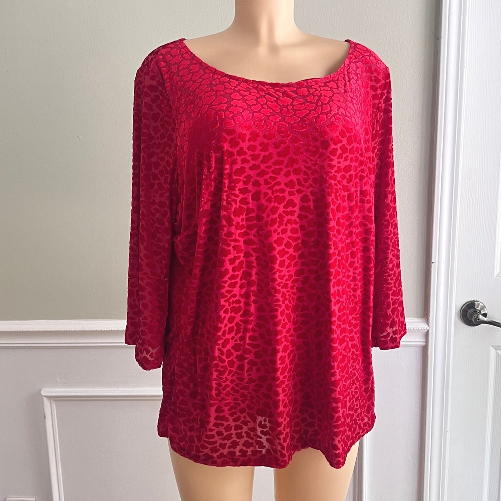 Talbots Plus Blouse Womens 2X Velvet Burnout Anima Red 3/4 Sleeve Scoop Neck